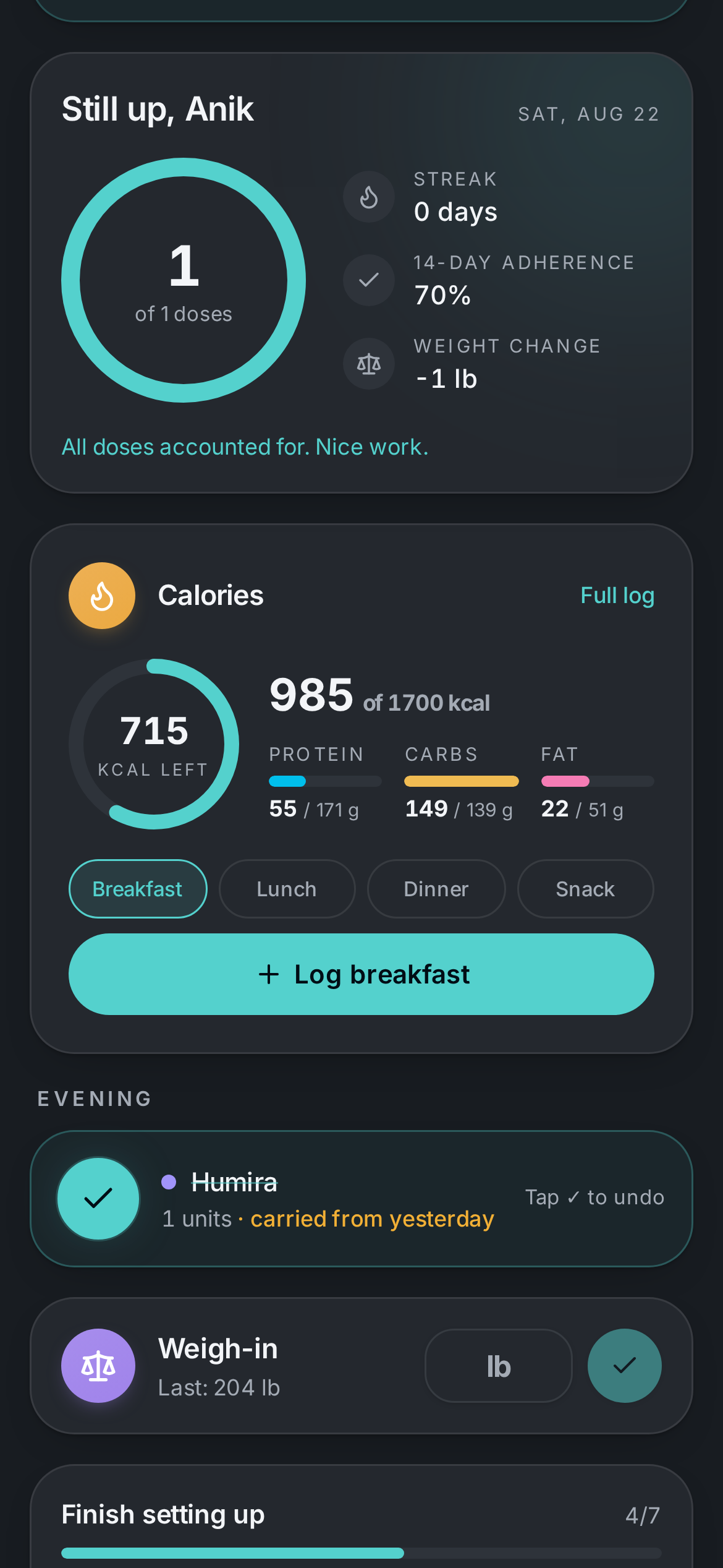 PuraGene Today dashboard with dose ring, calorie tracker and evening meds