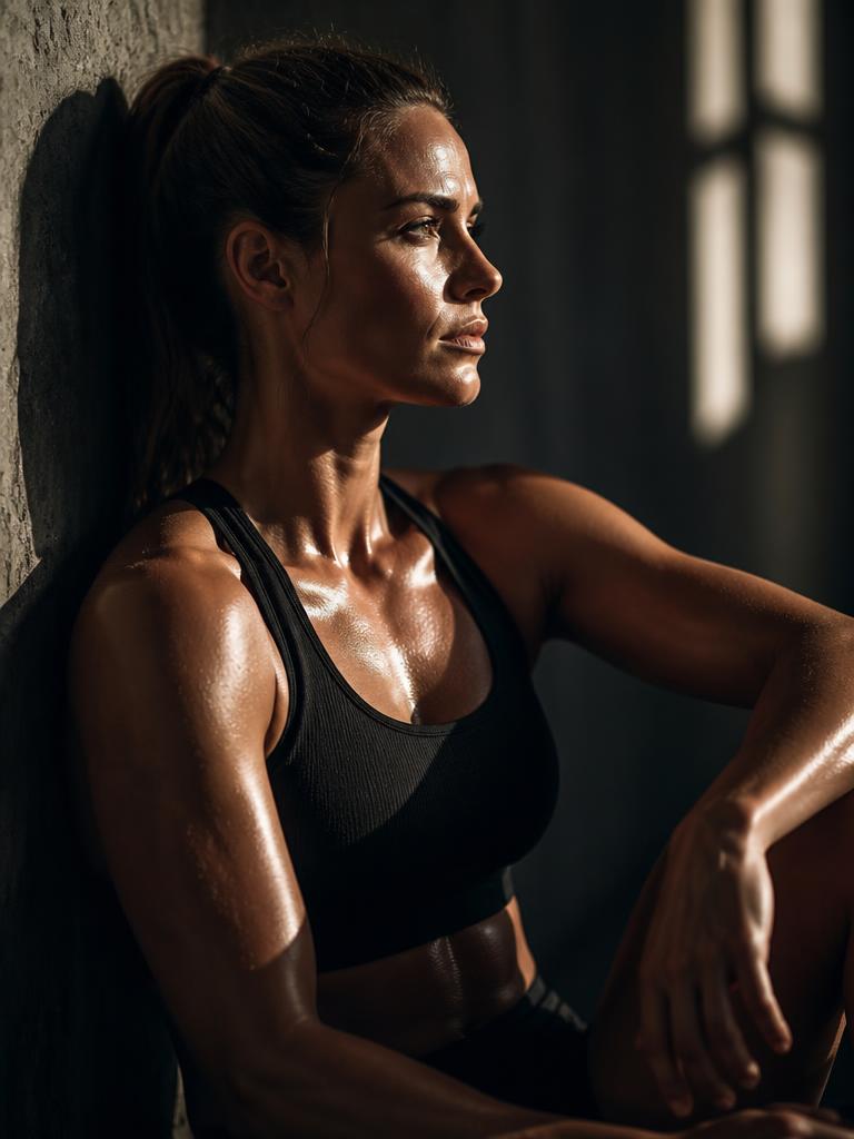 Athletic woman recovering against a wall in dramatic light