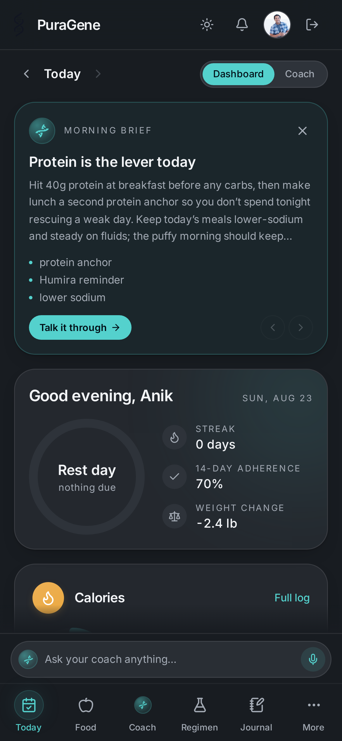 PuraGene app, Today screen